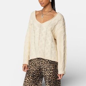 Edikted Inga Oversized Deep V-Neck Cable Knit Sweater XS Cream